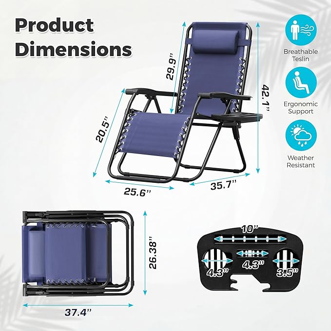 Homall Zero Gravity Chair Patio Folding Lawn Outdoor Lounge Gravity Camp Reclining Lounge Chair with Cup Holder Pillows for Poolside Backyard and Beach Set of 4 (Blue) Homall