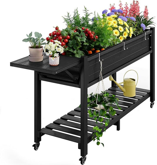 YEFU Raised Garden Bed with Legs: 57x18x30in Weight Capacity 400lb - Waterproof Raised Planter Box with Wheels - Elevated Garden Bed with Storage Shelf - Weather Resistant - for Deck/Patio/Porch/Black YEFU