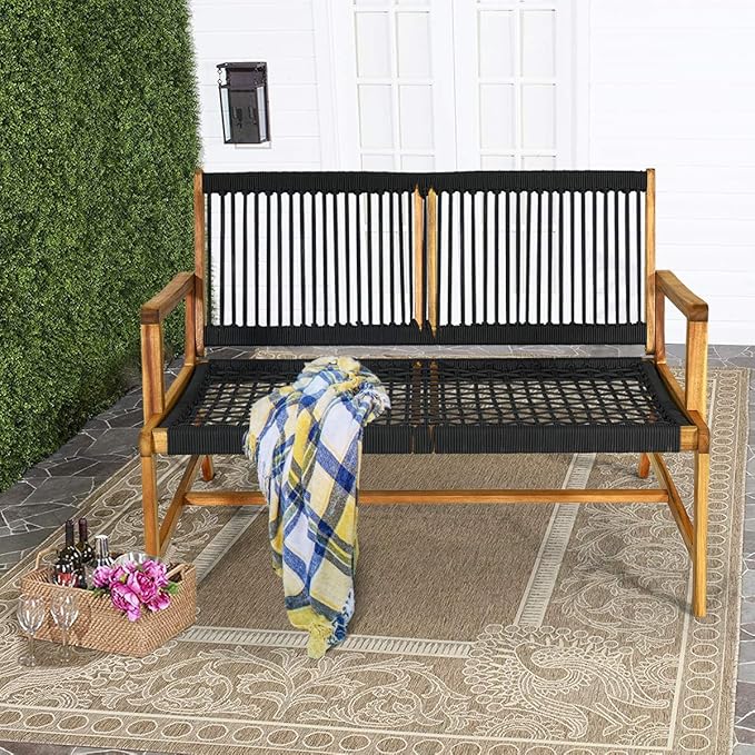 Tangkula 2-Person Patio Acacia Wood Bench Loveseat Chair, Outdoor Patio Bench Acacia Wood Bench in Teak Oil Finish, Patio Loveseat Rope Bench for Balcony Deck Poolside Porch (Black) TANGKULA