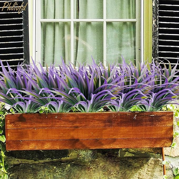 32Pcs Artificial Grass Fake Plants 17.3in Outdoor Plants UV Resistant Faux Greenery Stems Fake Grass for Home Window Garden Office Patio Pathway Front Porch Halloween Décor Green & Purple Phliofd