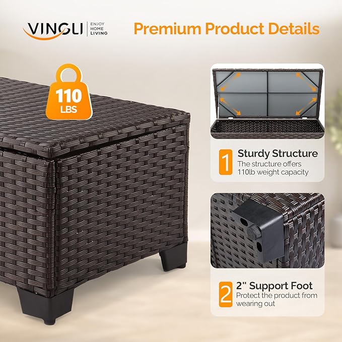 VINGLI Outdoor Coffee Table with Storage, All-Weather Dark Brown Wicker Patio Table for Garden, Balcony, Backyard VINGLI