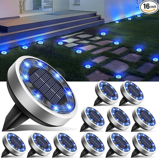 btfarm 16 Pack Solar Lights Outdoor, 8 LED Solar Ground Lights IP65 Waterproof Flat Solar Disc Light, Pathway Lights for Garden Lawn Patio Yard Path Landscape, Blue btfarmdecorativelighting