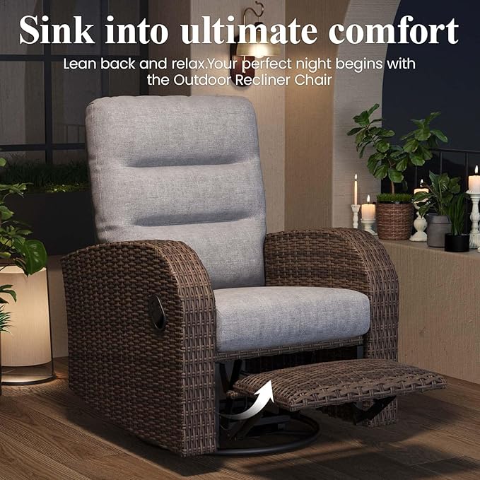 LayinSun Oversized Wicker Outdoor Swivel Glider Recliner with Adjustable Backrest & Footrest, Patio Reclining Lounge Chair - Set of 2 LayinSun