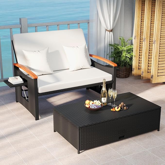 Tangkula Patio Rattan Daybed with 4-Level Adjustable Backrest, Outdoor Wicker Loveseat with Acacia Wood Armrest, Storage Ottoman & Folding Tray, Double Sunbed for Yard & Poolside (White & Black) TANGKULA