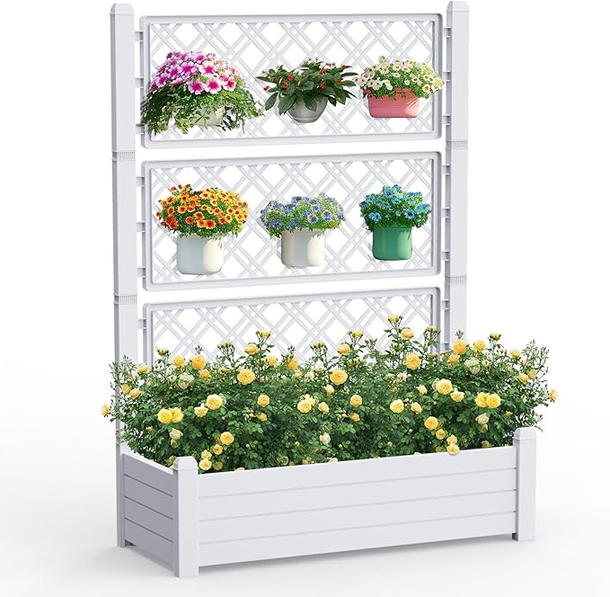 Raised Garden Bed with Trellis for Climbing Plants, 43.43" L x 18.27" W x 59.29" H Planter Box with Self Watering Drainage Holes for Outdoor Backyard Patio Balcony, Anti-Rust Resin (Ashen) OutdoorLivingPerfected