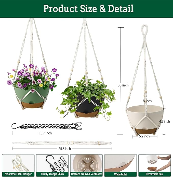 3 Pack Hanging Planters Set, 8 Inch Indoor Outdoor Hanging Plant Pot Basket,Hanging Flower Pot with Drainage Hole with 3 Hooks for Garden Home(8 inch Combination) Koalaime