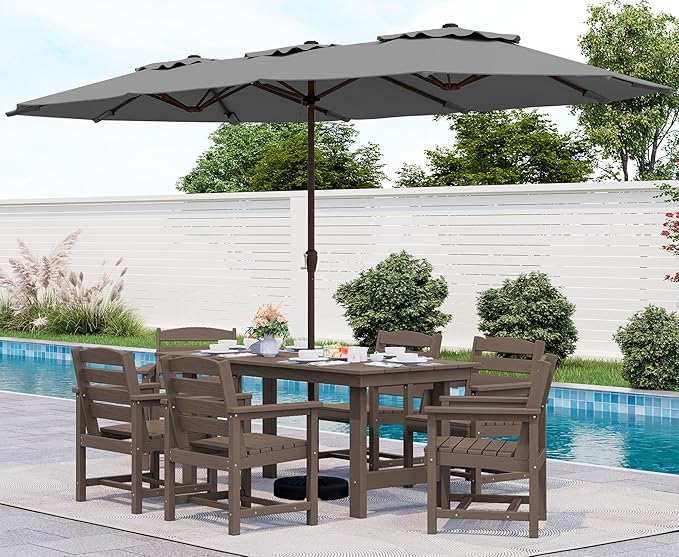 SERWALL 8-Piece Patio Dining Sets with 15FT Double Side Patio Umbrella, Outdoor HDPE Dining Furniture Set with Umbrella Hole Cut-Out Table and 6 Chairs, Coffee（Umbreall Base not Included） SERWALL