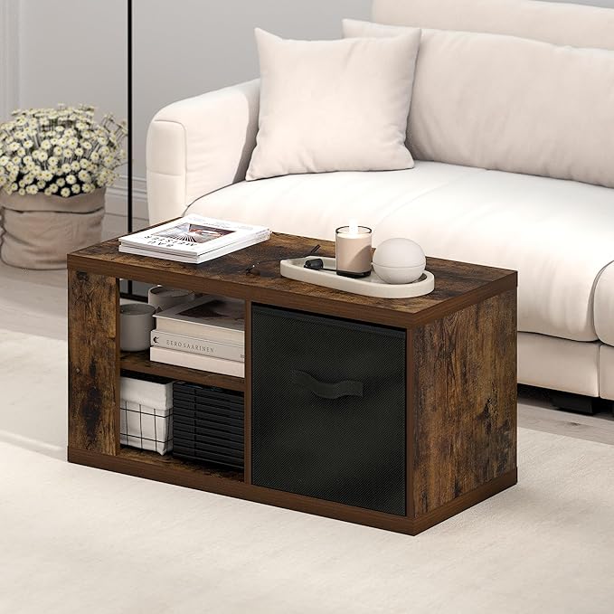 Furinno Viola Coffee Table, 3-Tier Modern Coffee Table with 1.2 Thick Tabletop, Side Table with Open Shelf and Storage Bin, for Living Room, Bedroom, Home Office, Amber Pine Furinno-FitsYourSpaceFitsYourBudget