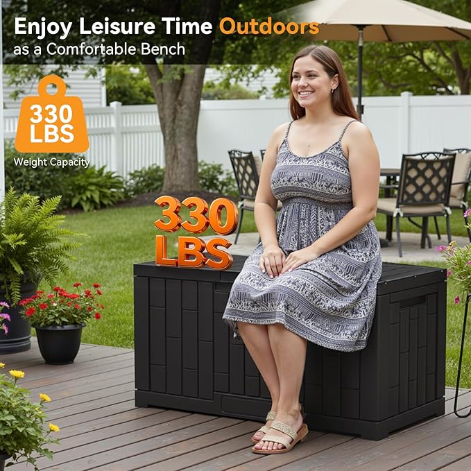 NEWBULIG 60 Gallon Deck Box, Waterproof Outdoor Storage Box with Lockable Lid, Patio Furniture Bench & Side Table, Outside Storage Container, Tool-Free Assembly, for Garden, Pool, Black NEWBULIG