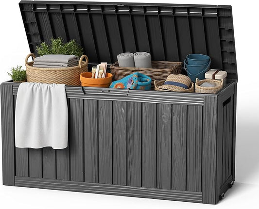 EasyUp 85 Gallon Outdoor Storage Box, Resin Waterproof UV-Resistant Deck Box, Reinforced Stability for Patio, Garden, and Poolside, Striped Black EASYUP