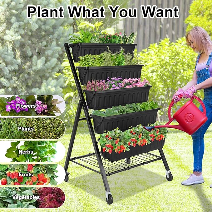 Homdox 5-Tier Vertical Garden Bed with Lockable Caster Wheels and Storage Rack - 4FT Vertical Raised Bed with 5 Garden Planter Boxes- Perfect to Grow Vegetables Herbs Flowers Indoor(Black) HOMDOX