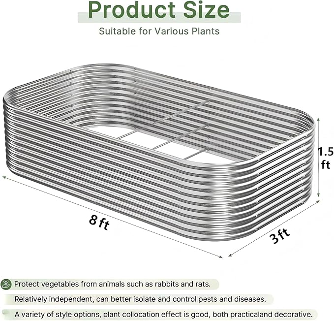 2 PCS Tall 8x3x1.5ft Galvanized Raised Garden Bed Outdoor, Metal Garden Bed for Vegetables, Above Ground Garden Box for Flower, Steel Raised Beds for Gardening Mostmahes