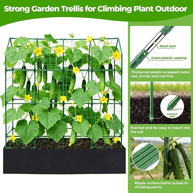 Large Cucumber Trellis for Climbing Plants Outdoor with Grow Bag,67" Tall Metal U-Frame Plant Trellis for Raised Bed with Garden Netting and Plant Clip Plant Ties for Vegetables Tomatoes Squash Pea Rootora