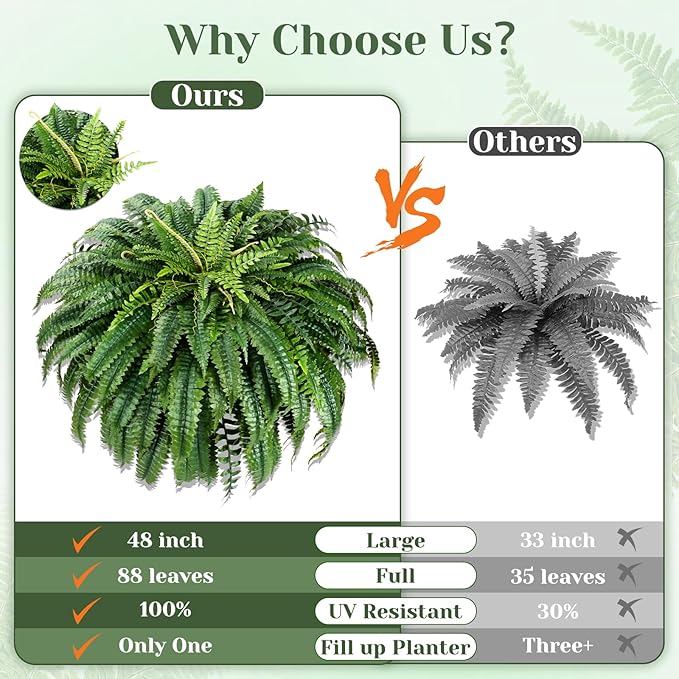 MARTINE MALL 2Pcs 48'' Fake Ferns Look Real Artificial Ferns for Outdoors, 88 Branches Large Faux Boston Fern for Outdoor Planter Realistic UV Resistant Hanging Artificial Fake Plants for Porch Patio MARTINEMALL