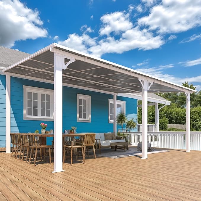 AECOJOY 16' x 12' Gazebo Outdoor Pergola for Patio, White Large Wall-Mounted Hard Top 12x16 Lean to Metal Gazebo Shelter Pergolas and Gazebos Clearance with Patio Roof, Heavy Duty Awnings for Backyard AECOJOY