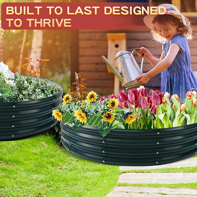 Durable Round Steel Raised Garden Bed Painted for Planting Vegetable/Herbs/Flowers/Trees at Backyard/Garden,or Baby Chicken,Christmas Tree Fence (Dark Green, 47 in Diameter x 12 in high) zbzbml
