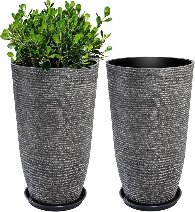 QCQHDU Large Tall Dark Gray Planters Set of 2-9 Gallon 12" Round Outdoor Planters for Front Door & Patio, Faux Stone Indoor Plant Pots with Tray, Porch Decor Plant Containers QCQHDU