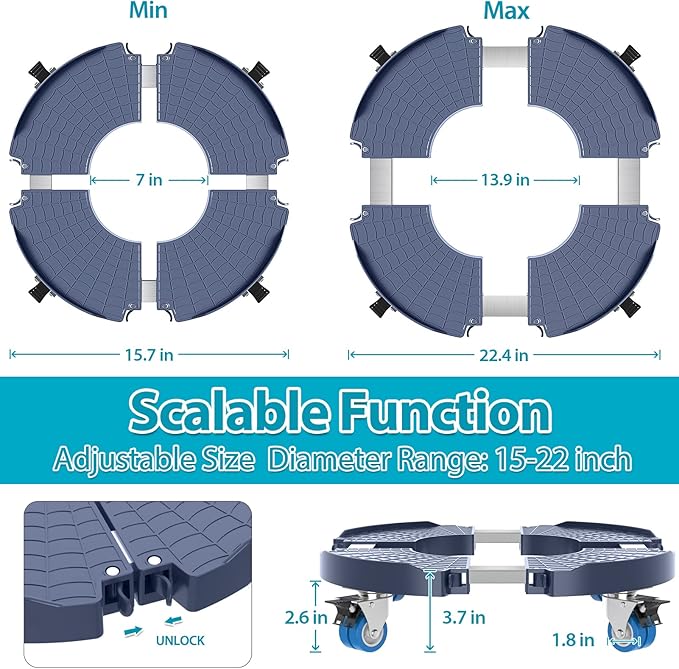 VANCASTLE Plant Caddy with Lockable Wheels Heavy Duty 450lbs Capacity, 15-22 Inch Adjustable Plant Stand with Wheels Rolling base, Plant Dolly for Flower Pot Mover Indoor Outdoor, Blue, 1 Pack VANCASTLE