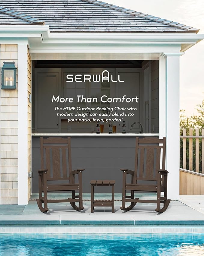 SERWALL Outdoor Rocking Chair Set of 6, Patio Rocking Chairs Set, HDPE Rocking Chair Outdoor for Adults, Heavy Duty Front Porch Rocker, Coffee SERWALL