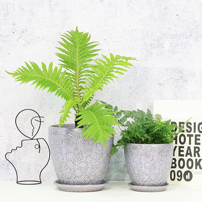 8 Inch + 6 Inch Retro Ceramic Planter Set of 2 with Drainage Hole and Saucer for Multiple Plants, Indoor-Outdoor Garden Pots for Succulent, Orchid, and Flower (Retro Purple) Bestseler