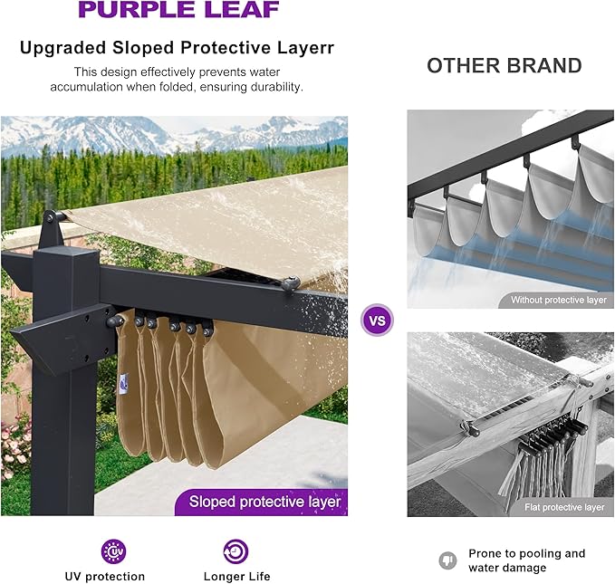 PURPLE LEAF 10' x 13' Aluminum Outdoor Pergola Wind-Resistant Retractable Pergola with Double Sun Shade Canopy Heavy-Duty Metal Pergola for Patios Backyard Deck Garden, Khaki Rootora