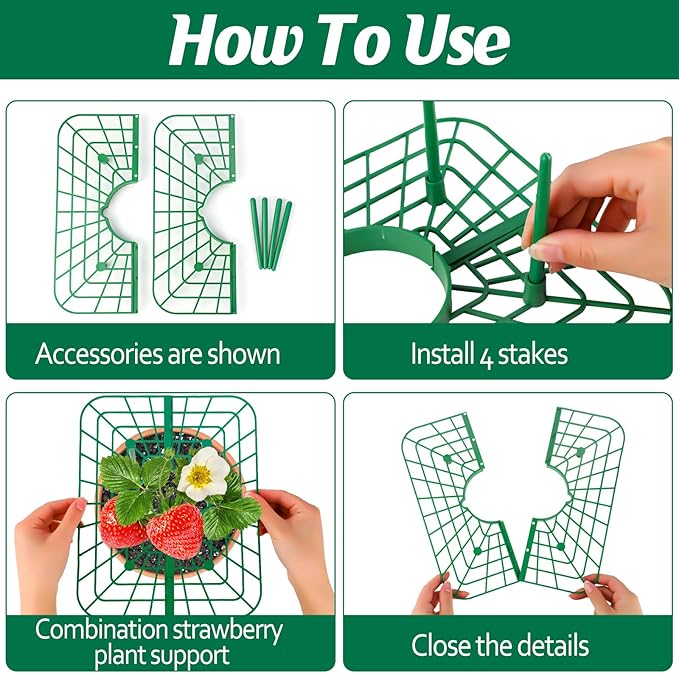 6 Sets Strawberry Plant Support with Mesh Plant Cover,Strawberry Growing Racks Sets with Iron Plant Nails and Storage Bag for Garden Strawberry Vegetables(Green Net - Square) Rootora