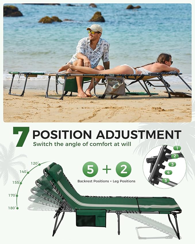 KingCamp Tanning Chair with Face Hole, Lounge Chairs Outdoor Folding Comfy Adjustable 5-Position Foldable Chaise Chaser with Canopy Shade for Outside Beach Patio Sun Bathing Pool, Green/White KingCamp