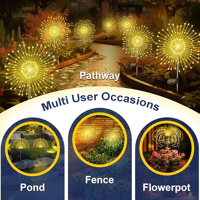 Solar Garden Lights Outdoor, 6 Pack 120 LED Twinkling Firework Lights Decorative with 2 Modes, Outdoor Waterproof Solar Starburst Light for Outside Yard Pathway Garden Decor, Warm White Yaafen