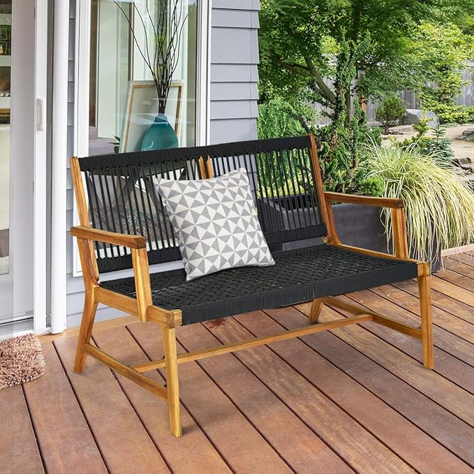 Tangkula 2-Person Patio Acacia Wood Bench Loveseat Chair, Outdoor Patio Bench Acacia Wood Bench in Teak Oil Finish, Patio Loveseat Rope Bench for Balcony Deck Poolside Porch (Black) TANGKULA