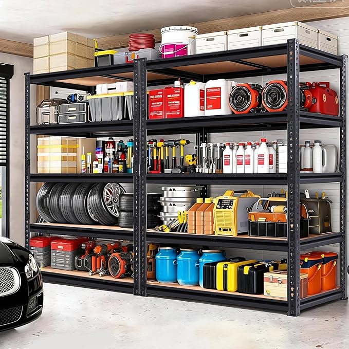 Heavy Duty Garage Shelving,5-Tier Metal Storage Shelves,2400LBS Shelving Unit,Adjustable Shelving Rack, Standing Shelf Units for Garage Storage Warehouse,28''×12''×60'',2 Pack Rootora