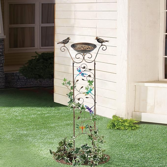 SUNNYPARK Bird Bath with Trellis Outdoor, Antique Garden Iron Plant Trellis with Decorative Dragonfly Detachable Bird Bath Bowl Metal Potted Plant Support for Climbing Flowers SUNNYPARK