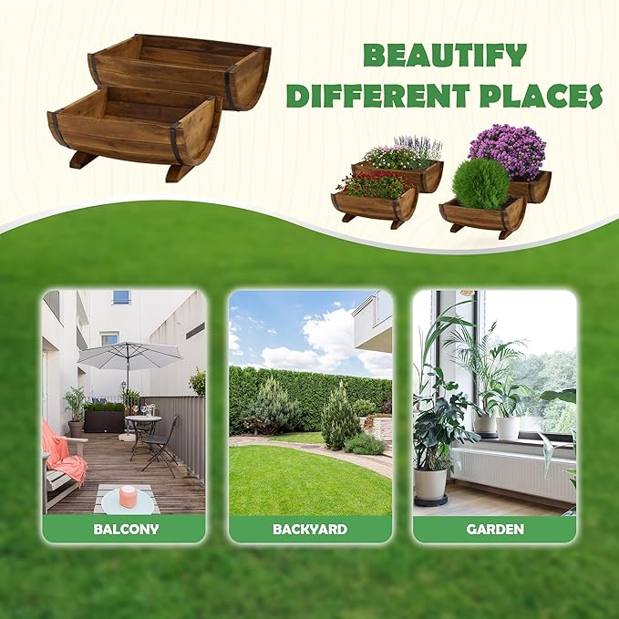 IDZO Solid Acacia Wood Half Barrel Planters Outdoor Set of 2 Different Sizes, Wooden Planters for Outdoor Plants with Metal Bands & Drainage Holes, Legs Included, Brown Idzo