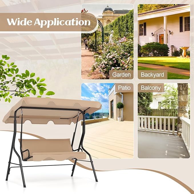 Tangkula 3 Person Porch Swing, Patio Swing with Removable Cushion & Powder-Coated Steel Frame, Outdoor Swing with Canopy for Porch, Backyard, Garden, Balcony (Beige) TANGKULA