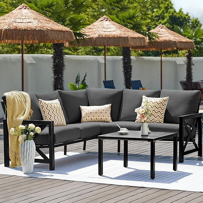 NATURAL EXPRESSIONS 6 Pieces Patio Furniture Sets, Metal Outdoor Sectional Furniture L Shape Patio Conversation Sets,Highback Frame,Metal Table,Large Waterproof Cover, 6.5" Olefin Cushions,Dark Grey NaturalExpressions