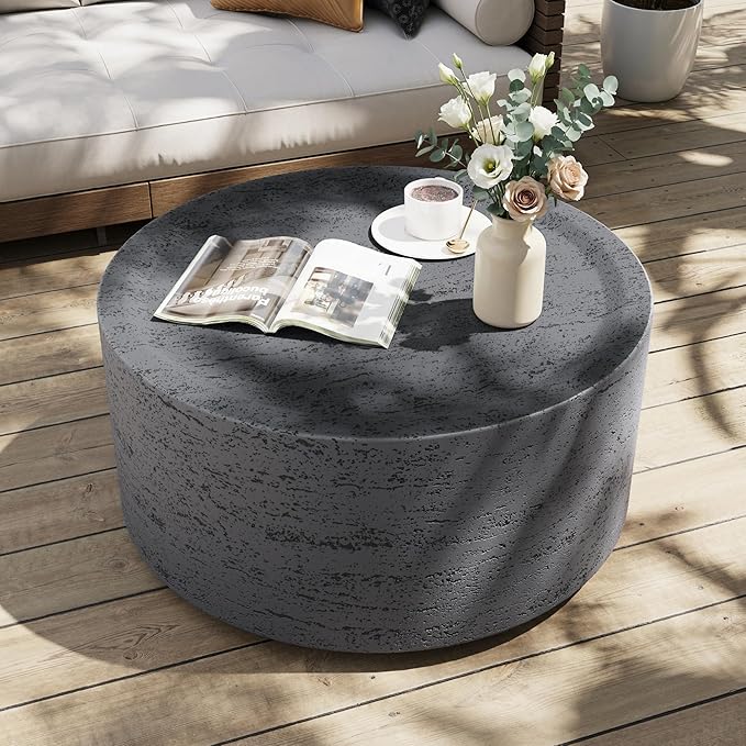 UPHA Outdoor Round Coffee Table, Small Modern Minimalist Accent Tables, Low Light Concrete Center Table for Living Room, Outside Patio, Deck, 28×28×13, Dark Grey UPHA