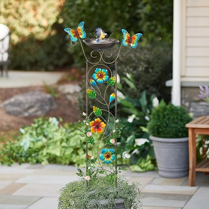 SUNNYPARK Bird Bath with Trellis Outdoor, Antique Garden Iron Plant Trellis with Decorative Floral-Butterflies Detachable Bird Bath Bowl Metal Potted Plants Support for Climbing Flowers SUNNYPARK