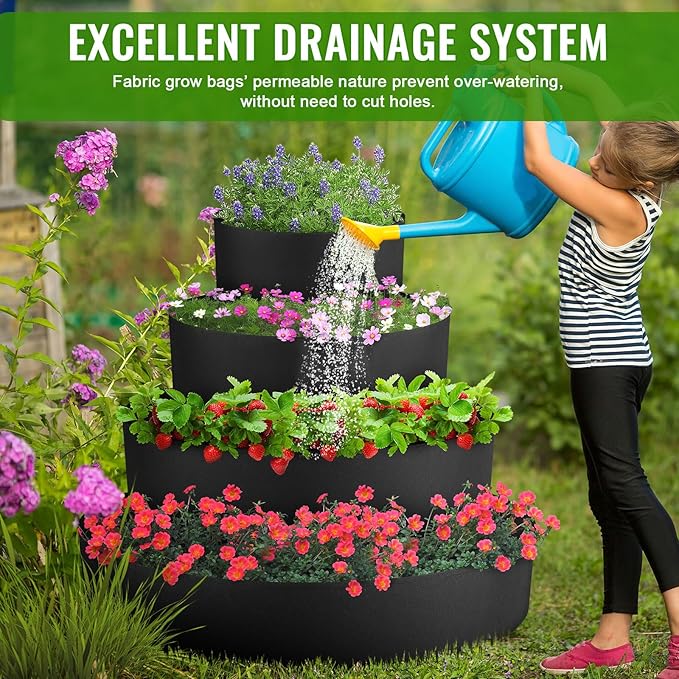 8 Pcs Plant Grow Bags 4 Tiered Strawberry Planter Tower Fabric Raised Garden Beds, 39 Inch Nonwoven Strawberry Pyramid Planter for Vegetables Flower Herbs Gardening Outdoor Growing (Black) Rootora