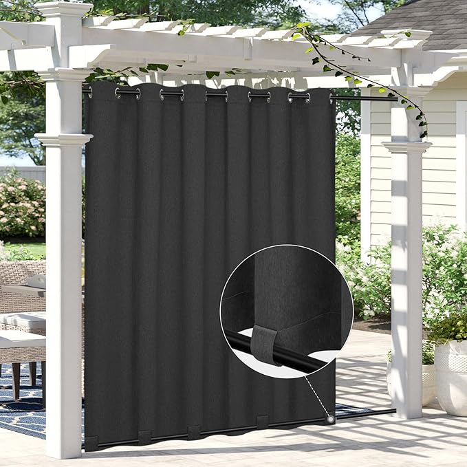 Easy-Going Linen Look Outdoor Curtains Waterproof Windproof Porch Curtains, Soft Thicken Outdoor Privacy Curtains for Patio, Gazebo, Grommet Top and Tab Bottom Drape, 1 Panel, 110x84 inch, Black Easy-Going