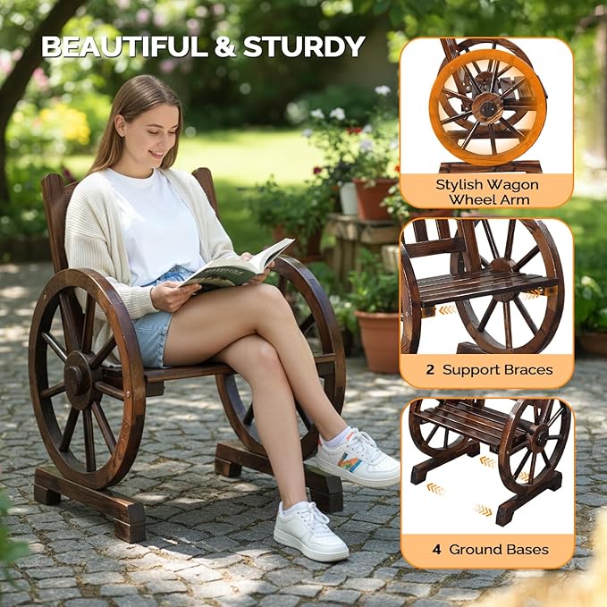 VINGLI Rustic Wooden Patio Chair with Wagon Wheel Armrests, Outdoor Dining Chairs Solid Wood Frame Seating for Farmhouse Garden Porch Lawn Balcony (Rustic, Chair) VINGLI