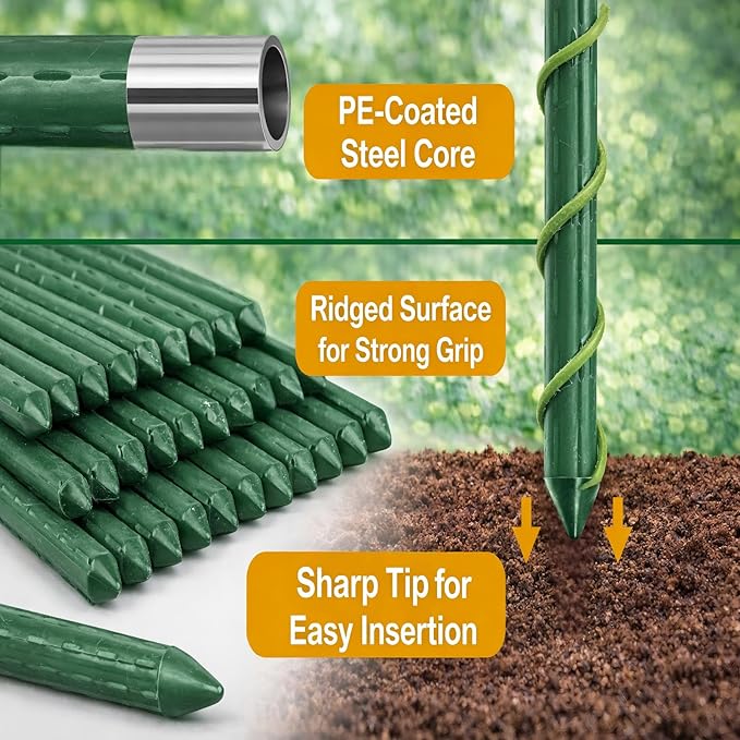 Garden Stakes 20 Pack, 16 Inch Plastic Coated Metal Tomato Stakes, DIY 4ft 5ft 6ft 7ft Plant Support Stakes with 14 Connectors 14 Rotatable Clips 14 Plant Clips for Indoor Outdoor Vegetables Tegarbed