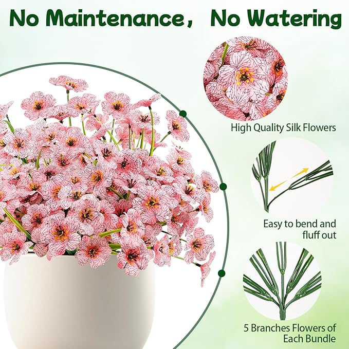MACTING 24 Bundles Artificial Flowers for Outdoors Fake Flowers UV Resistant Faux Plastic Plants No Fade for Planters Window Box Patio Porch Garden Home Indoor Outdoor Spring Decorations,Pink MACTING