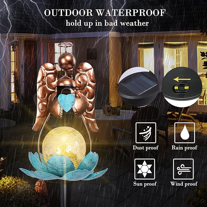 Solar Garden Lights Metal Flower Decor Colorful Solar Pathway Light with LED Cracked Crystal Ball Outdoor Decorative Stake for Patio Yard Lawn Garden Decor (Angel) VCUTEKA