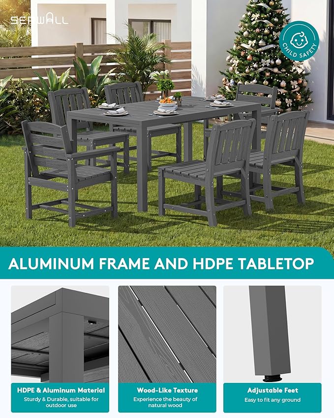 SERWALL 9-Piece Outdoor Dining Set, 60" - 83" Expandable Outdoor Dining Table and 8 HDPE Chairs, All Weather HDPE Outdoor Furniture Set for Backyard, Garden, Grey SERWALL