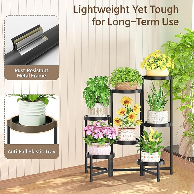 LASZOLA 7 Tiered Folding Plant Stand Indoor for Multiple Large Planter, Tall Heavy Duty Adjustable Rack with Rust Proof Plastic Shelving, Sturdy Vertical Tree Organizer for Narrow Inside Floor, Black LASZOLA