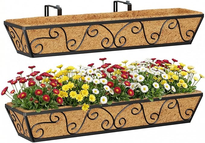 Y&M 30 Inch Window Deck with Coco Liner, Fence Metal Hanging Flower Planter Window Basket Deck Railing Planter Boxes for Outdoor Garden Lawn-Butterfly, 2pcs YM