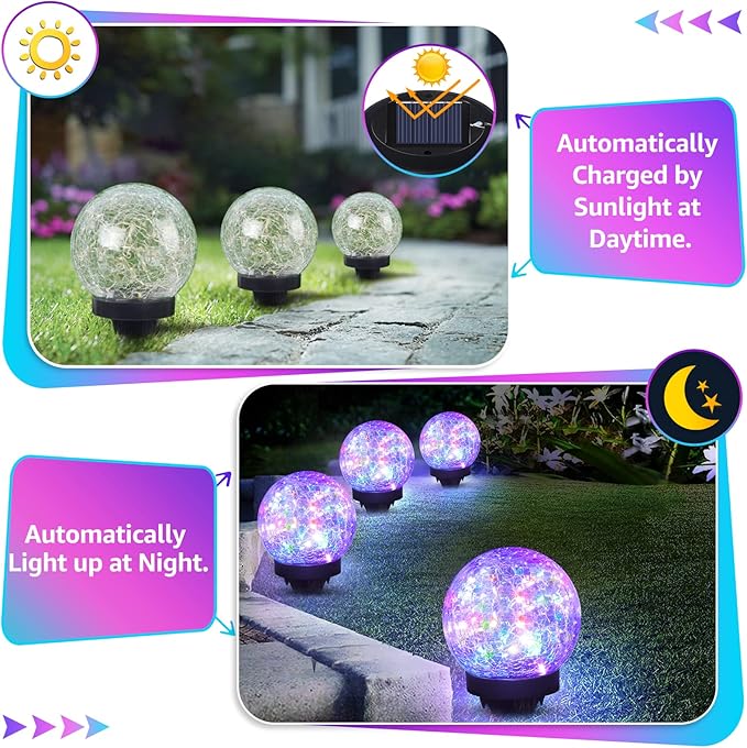 2-Pack Garden Solar Lights Outdoor, Colored Cracked Glass Ball Light Waterproof, Decorative Solar Powered Globe Lighting Multicolor for Yard ASOMST