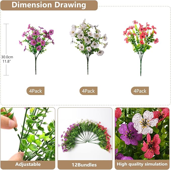 Artificial Flowers Faux Plants Outdoor Fake Flowers Spring Decor,12 Bundles Realistic Plastic Plant Colorful Daisy UV Resistant for Porch Patio Home Yard Garden Window Box Pot Planters ZFProcessArtificialFlowers