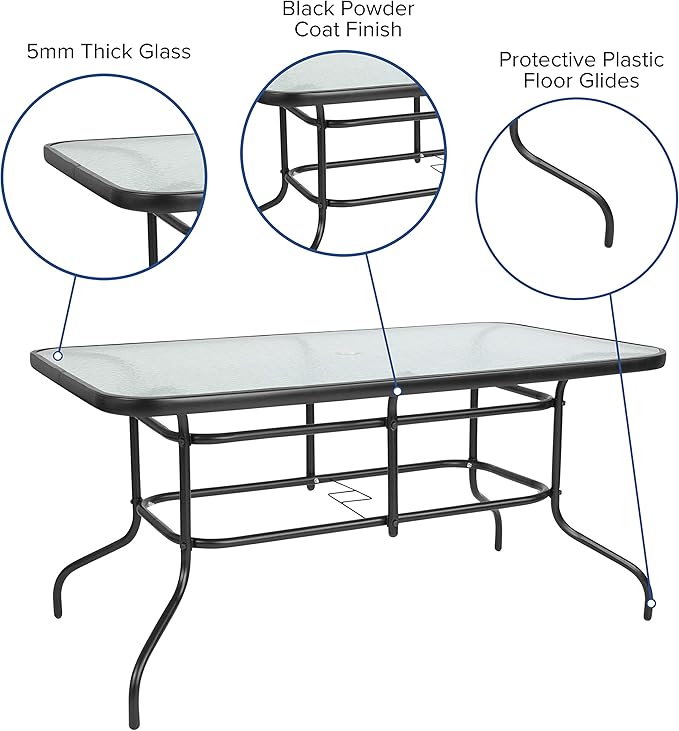 Flash Furniture Tory 31.5" x 55" Rectangular Tempered Glass Metal Patio Table with Umbrella Hole, Modern Rippled Glass Outdoor Dining Table, Black FlashFurniture