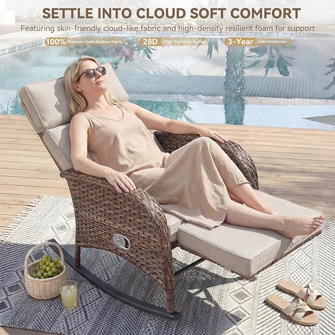 Zero Gravity Patio Rocking Wicker Recliner Chairs Set of 2- Wicker Outdoor Lounge Chair with Adjustable Backrest & Footrest, All Weather Reclining Rocker Chairs with Thick Cushion for Pool Deck Beige JelwalyPatioFurnitureSet