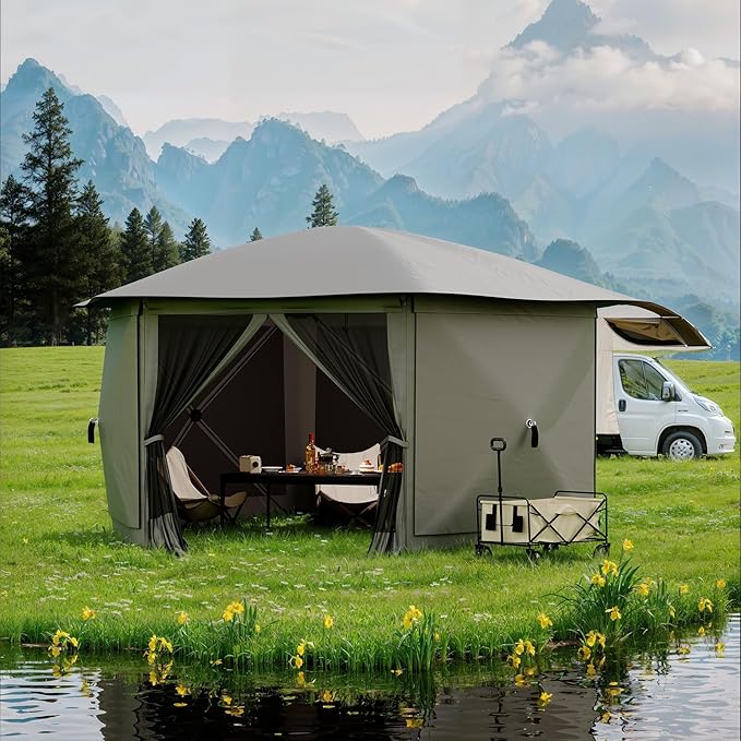 13x13FT 6-Sided Pop Up Gazebo Tent，One-Push Setup Canopy Tent with Removable Canopy Top & Wind Cloths, Outdoor shelter for Camping, Backyard Parties, Outdoor Events - Grey GarveeLife